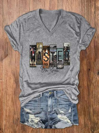 Women's Wallen Wasted On You Print V-Neck Basic T-Shirt