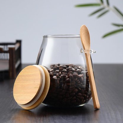 Sealed Glass Storage Jar with Bamboo Lid, Leak-Proof, Wide Mouth Design, Spoon Included 🍶🌿