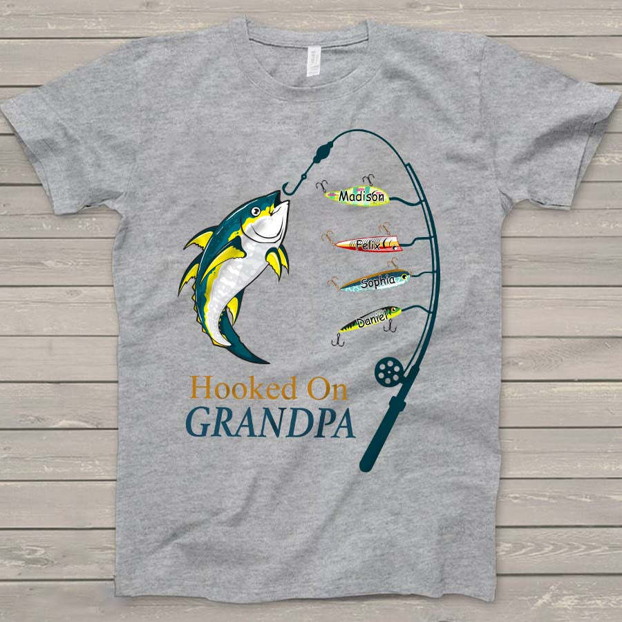 Personalized Hooked On Grandpa Shirt, Fishing Dad Shirt, Father's Day Shirt