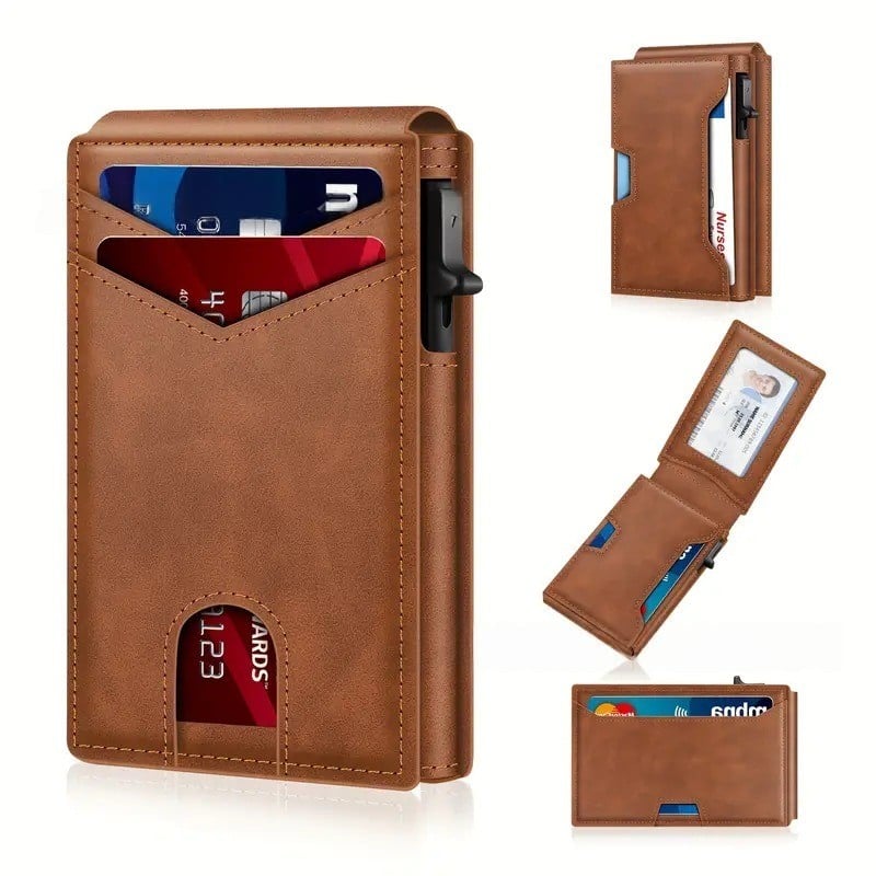 ✨Wallet - With Pop Up Aluminum Case Money Clip Slim Leather Slots Credit Card Holder RFID Blocking Bifold Minimalist Wallet