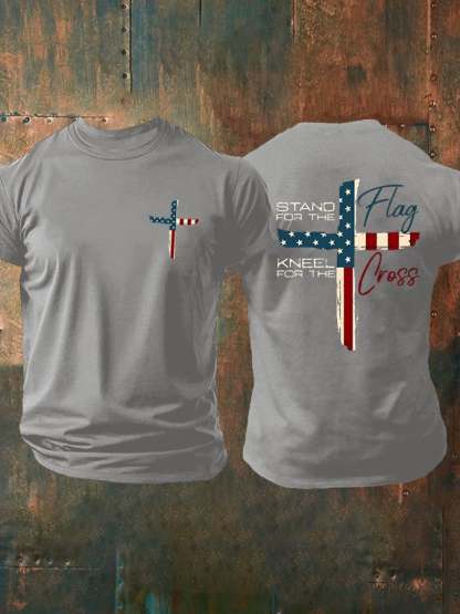 Men's Stand For The Flag Kneel For The Cross Printed Casual T-Shirt