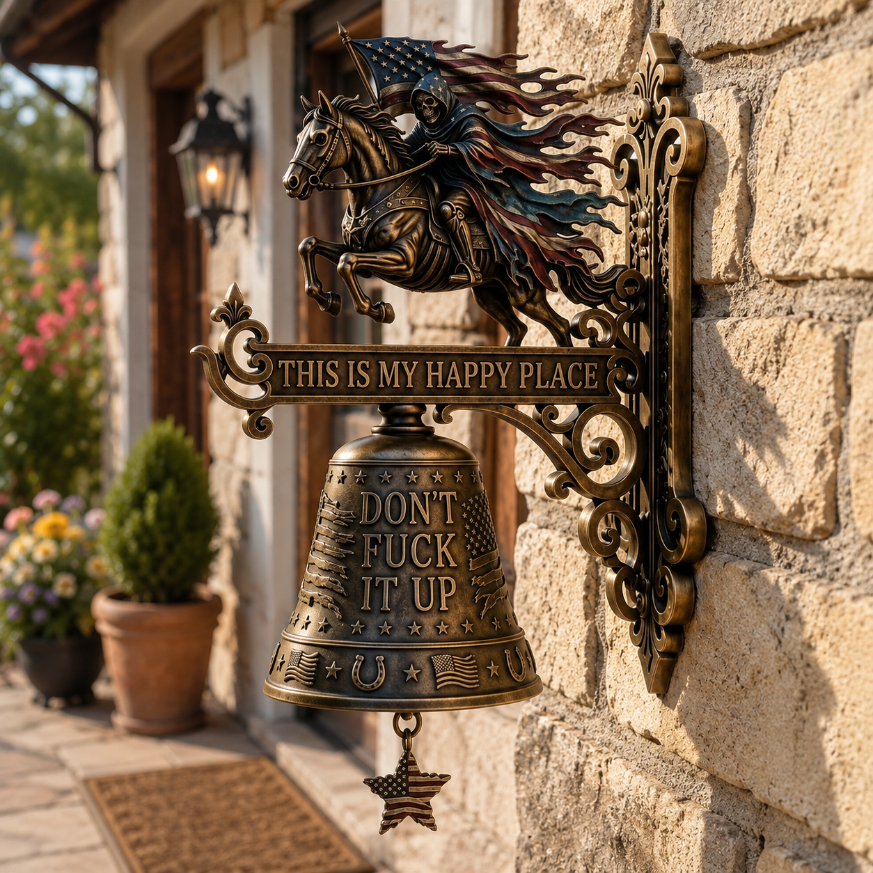 "This Is My Happy Place Don't Fcuk It Up" – USA Patriotic Rider Wall Bell