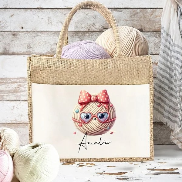 Personalized Cute Bow Cartoon Crochet Pattern Large Jute Tote Bag with Name Travel Accessories Birthday Holiday Gift for Knitting Lovers Women