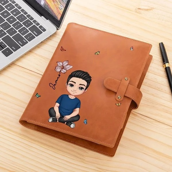 Personalized Birth Flower Name Cartoon A5 Sketchbook Notebook Leather Cover with Storage Pocket Birthday Family Gift for Students Officer Workers
