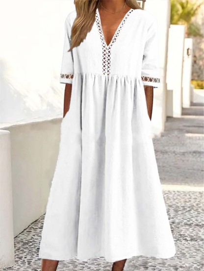 Casual Plain V Neck Hollow Half Sleeve Midi Gathered Dress