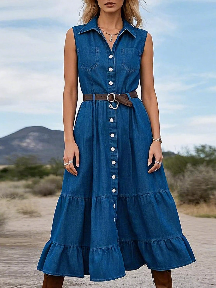 Women's Retro Denim Maxi Dress With Ruffle Hem