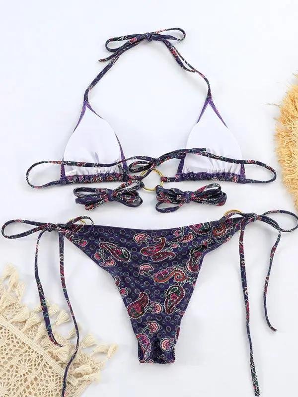 New bikini sexy metal three-ring printed strappy split swimsuit