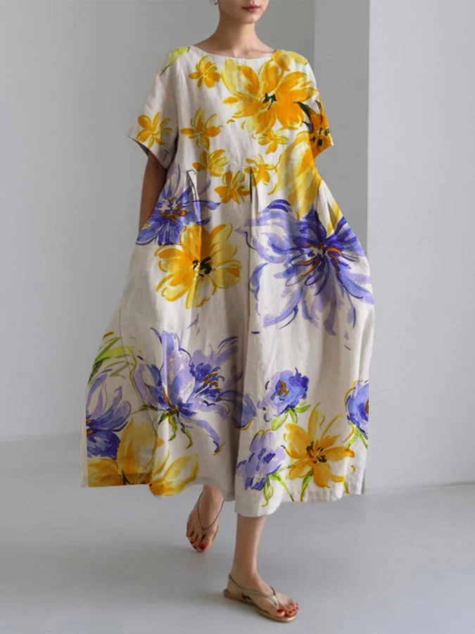 Women's cotton-mixed spring and summer casual loose round neck floral retro flower mid-length dress
