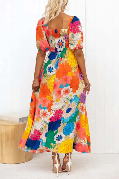 Floral Frenzy Printed Puff Sleeve Back Smocked Maxi Dress
