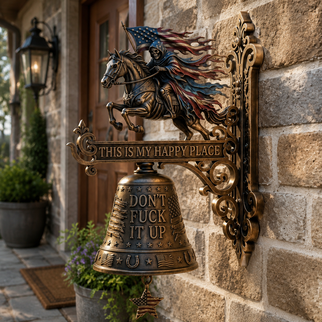 "This Is My Happy Place Don't Fcuk It Up" – USA Patriotic Rider Wall Bell