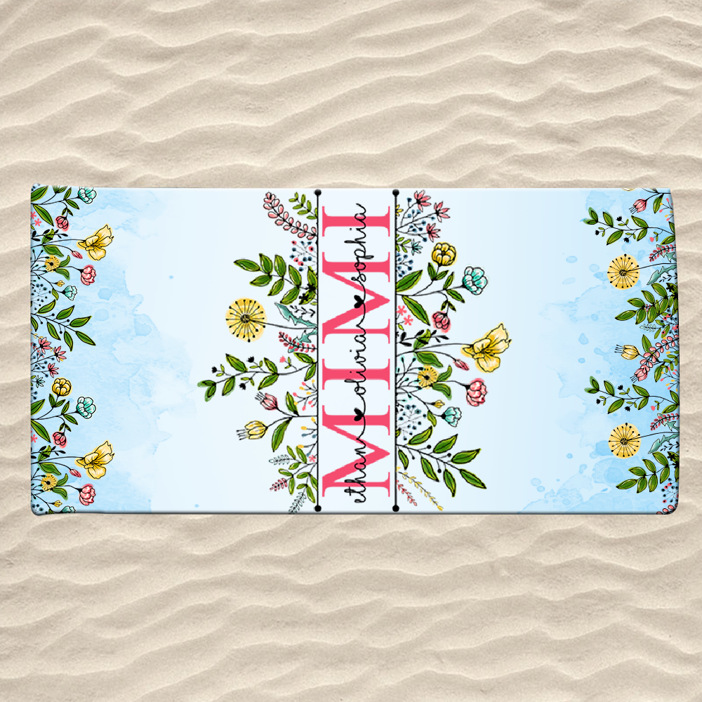 Personalized Summer Beach Towels, Flowers Gifts for Mimi and Custom Kids , Summer Beach Towels