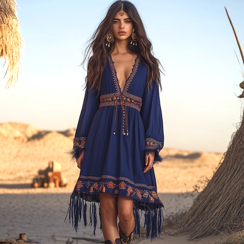 Women's Bohemian Blue Tassel Dress With Embroidered Details