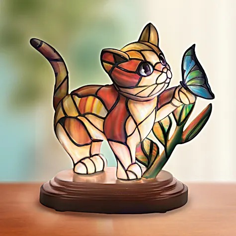 Lighted Crystalline Stained-Glass-Inspired Cat Sculptures