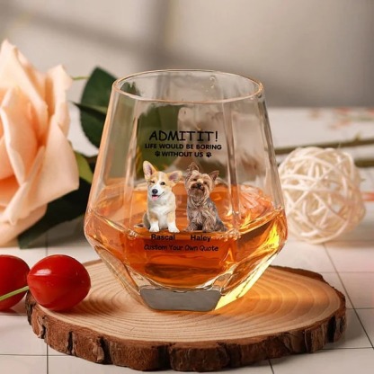 Personalized 1-4 Pet Portraits Diamond Shaped 10oz Whiskey Glasses and Slate Coaster with Name and Text Birthday Gift for Dog Cat Lovers