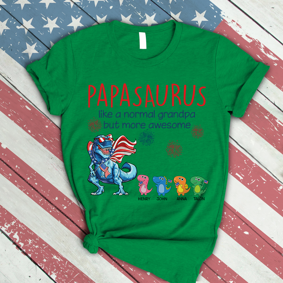 Personalized Shirt, 4th Of July, Papasaurus Shirt, Independence Day, American Flag, Customized Names with Grandkids