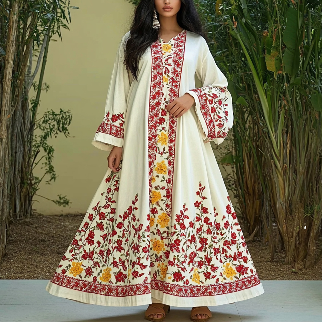 Women's Middle Eastern Floral Print Contrast Color Stitching Temperament Four Seasons Robe Dress