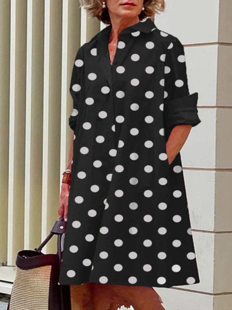 Women Polka Dot Print Long Sleeves Shirt Collar Short Dress