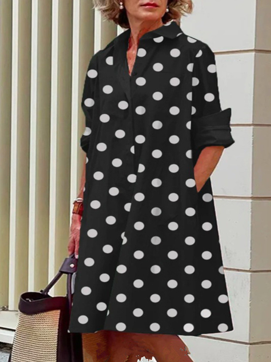 Women Polka Dot Print Long Sleeves Shirt Collar Short Dress