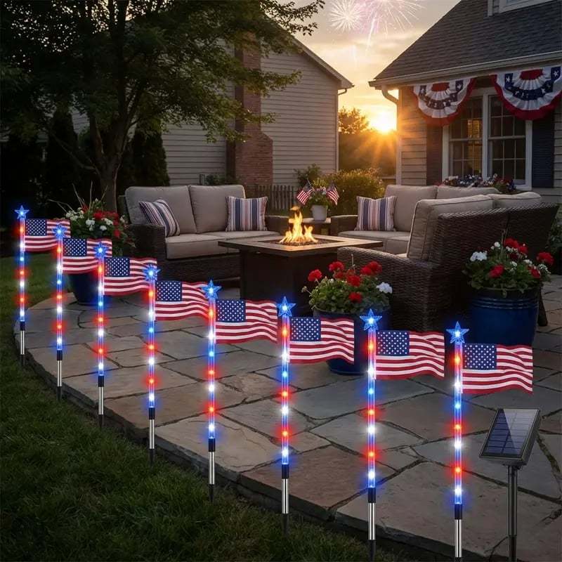 🔥8 Solar American Flag Pathway Lights – Red, White & Blue Yard Glow✨