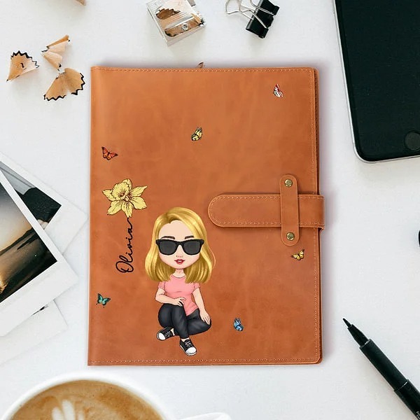 Personalized Birth Flower Name Cartoon A5 Sketchbook Notebook Leather Cover with Storage Pocket Birthday Family Gift for Students Officer Workers