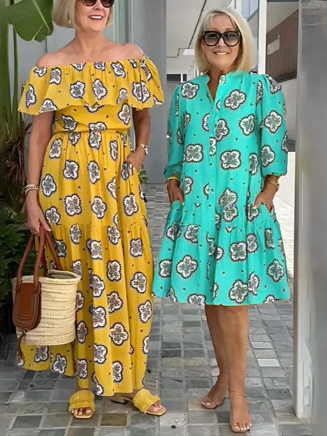European And American Style Casual All-Match Printed Puff Sleeve Dress