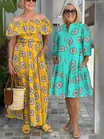 European And American Style Casual All-Match Printed Puff Sleeve Dress