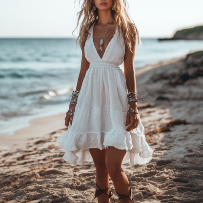 Boho V-neck Sleeveless Cotton And Linen Mini Dress