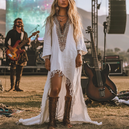 Coachella Music Festival Rock Party Carnival Vintage Wilderness Ethnic Bohemian Linen Dress