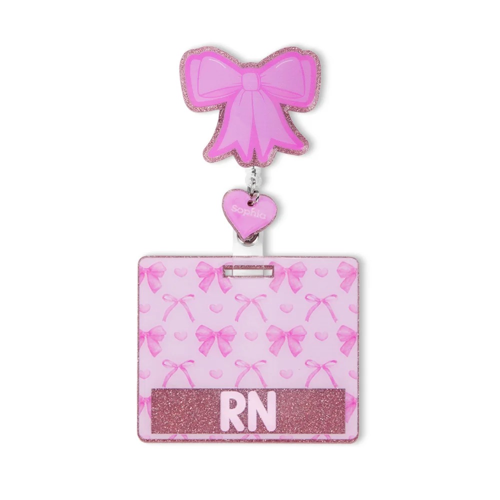 Personalized Pink Glitter Coquette Bow Heart Badge Reel with Name and Text Gift