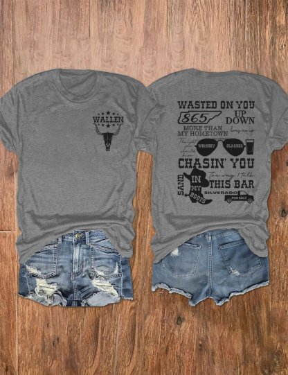Women's Wallen Wasted On You Shirt Country Music Print Crew Neck T-Shirt
