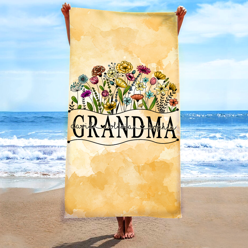 Personalized Summer Beach Towels, Flowers Gifts for Grandma and Custom Kids , Summer Beach Towels