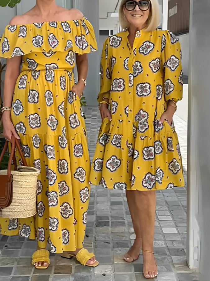European And American Style Casual All-Match Printed Puff Sleeve Dress
