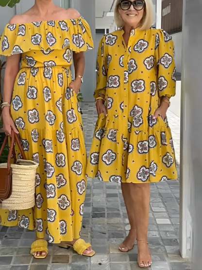 European And American Style Casual All-Match Printed Puff Sleeve Dress