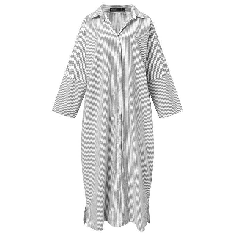 New cotton and linen striped cardigan loose large size temperament commuter irregular dress