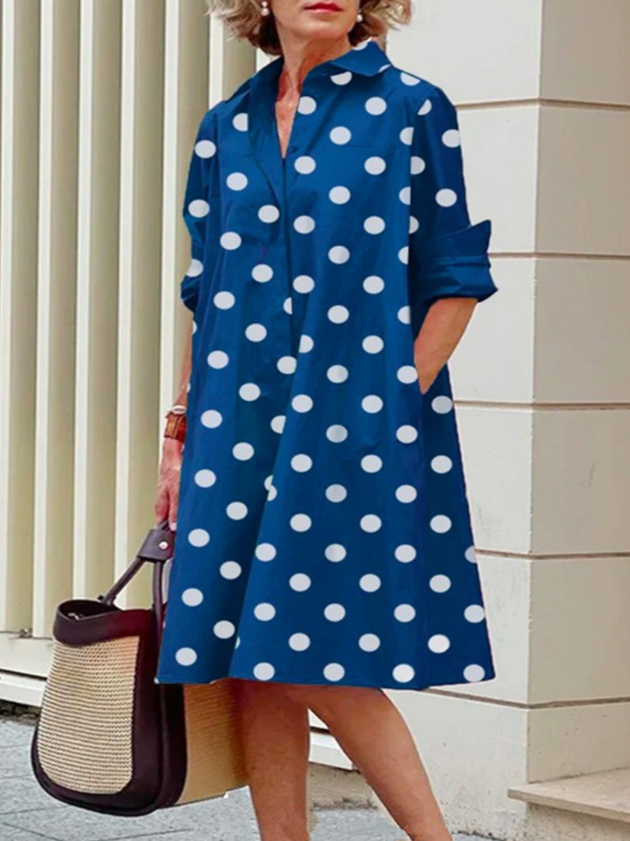 Women Polka Dot Print Long Sleeves Shirt Collar Short Dress