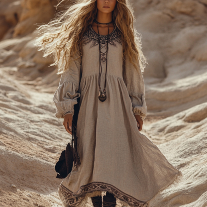 Desert Style Holiday Bohemian Vintage Linen Casual Dress