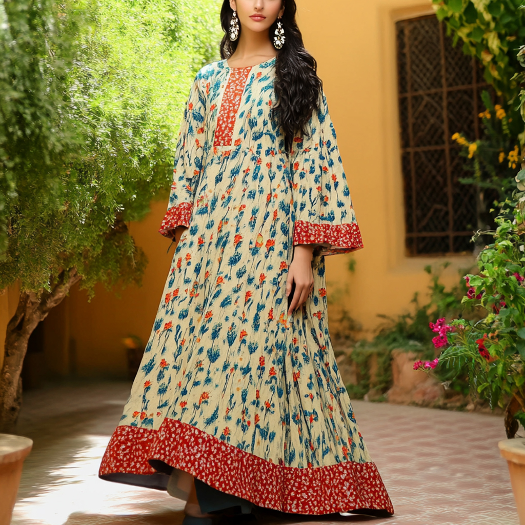 Women's Middle Eastern Floral Print Contrast Color Stitching Temperament Four Seasons Robe Dress