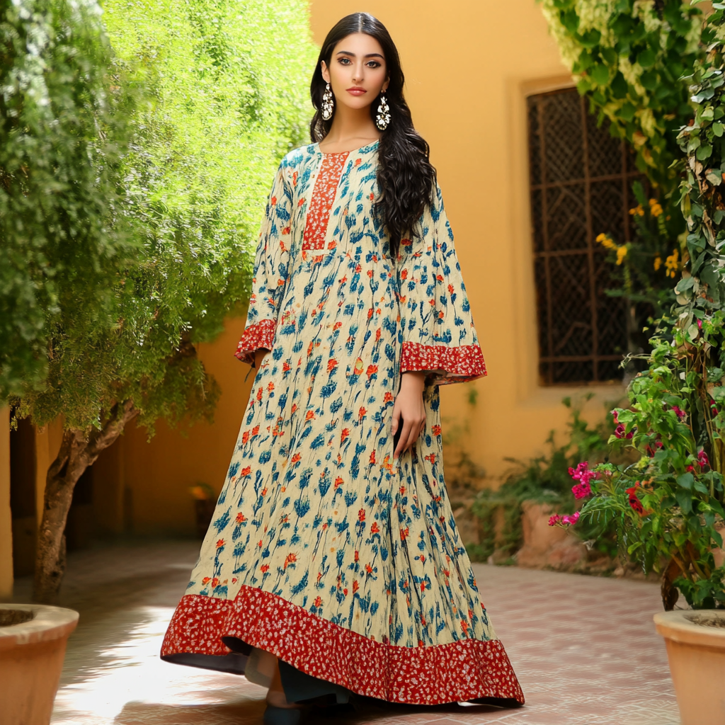 Women's Middle Eastern Floral Print Contrast Color Stitching Temperament Four Seasons Robe Dress