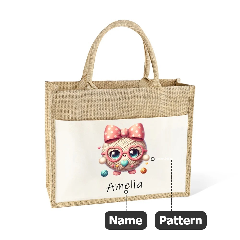 Personalized Cute Bow Cartoon Crochet Pattern Large Jute Tote Bag with Name Travel Accessories Birthday Holiday Gift for Knitting Lovers Women