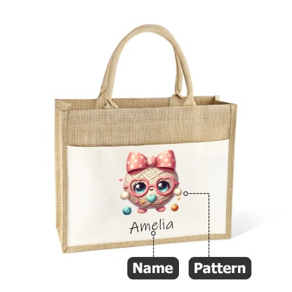 Personalized Cute Bow Cartoon Crochet Pattern Large Jute Tote Bag with Name Travel Accessories Birthday Holiday Gift for Knitting Lovers Women