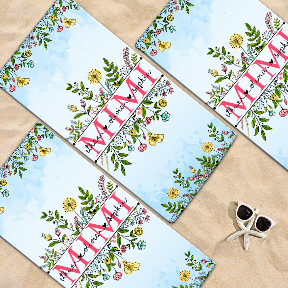 Personalized Summer Beach Towels, Flowers Gifts for Mimi and Custom Kids , Summer Beach Towels