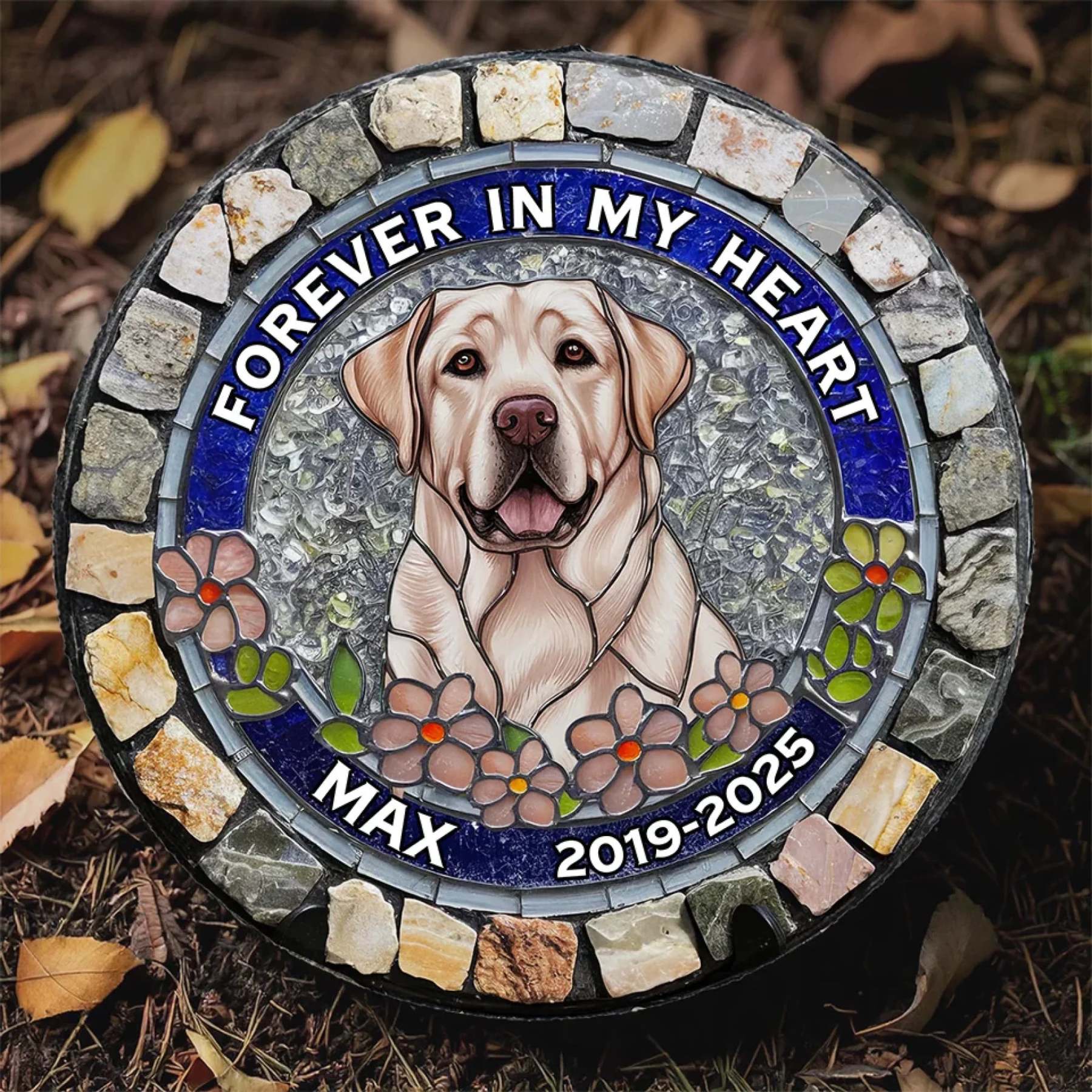Custom Photo Forever Loved, Never Forgotten - Memorial Personalized Custom 3D Mosaic Faux Stained Glass Print Round Shaped Memorial Stone - Sympathy Gift For Pet Owners, Pet Lovers