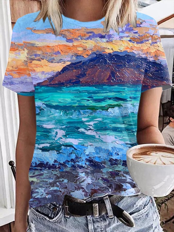 Women's Last Evening On Maui Ink Painting Printing Crew Neck  T-Shirt