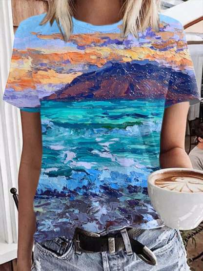 Women's Last Evening On Maui Ink Painting Printing Crew Neck  T-Shirt