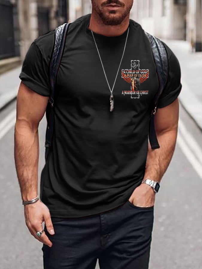 Men‘s Faith A Child of GOD Armor of GOD A Warrior Of Christ Jesus Print Crew Neck T-Shirt