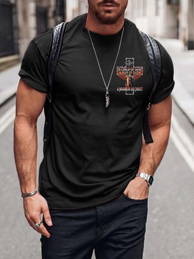 Men‘s Faith A Child of GOD Armor of GOD A Warrior Of Christ Jesus Print Crew Neck T-Shirt