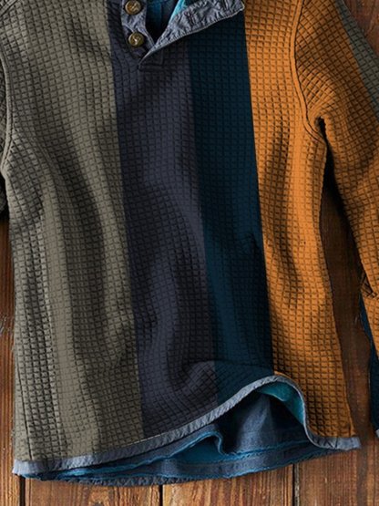 Men's Simple Color Matching Art Waffle Long Sleeve Casual Top