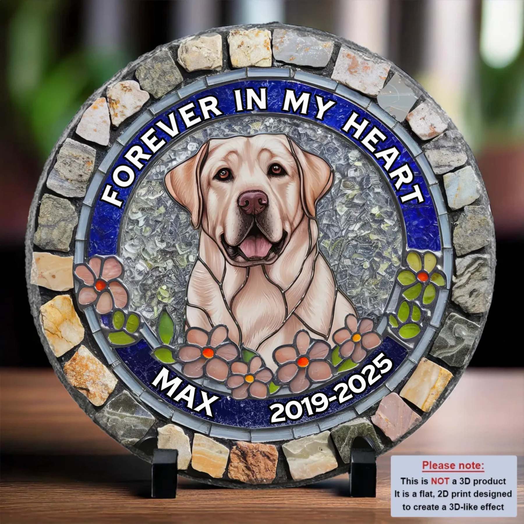 Custom Photo Forever Loved, Never Forgotten - Memorial Personalized Custom 3D Mosaic Faux Stained Glass Print Round Shaped Memorial Stone - Sympathy Gift For Pet Owners, Pet Lovers