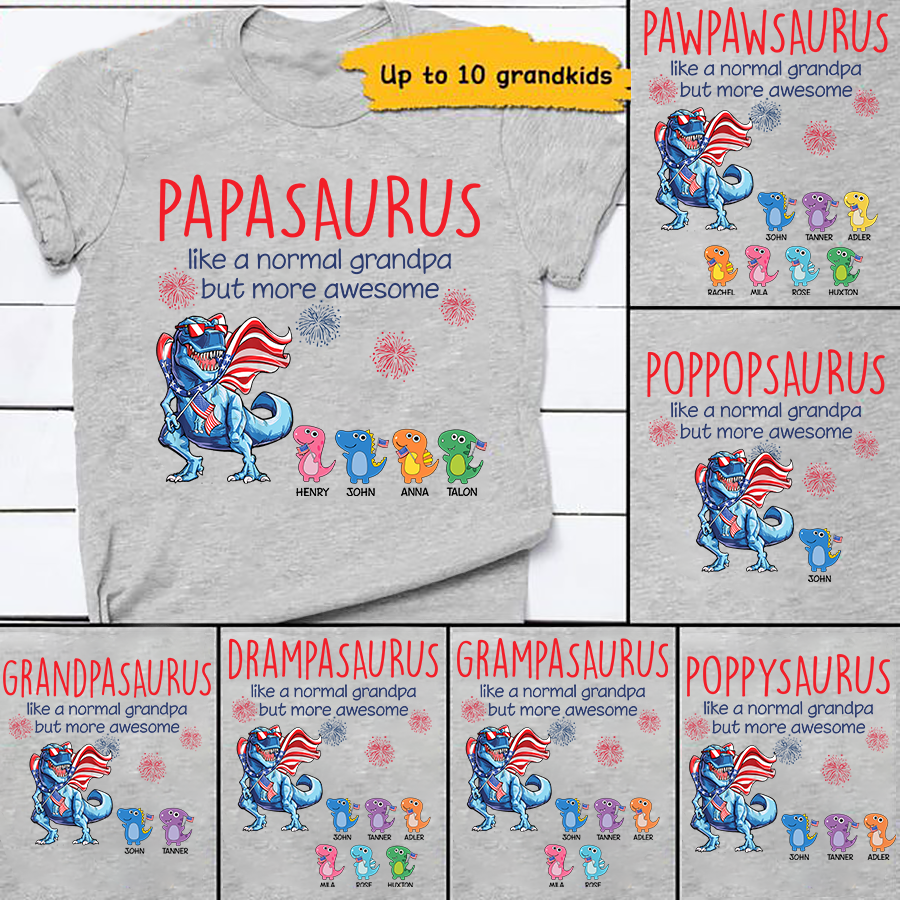 Personalized Shirt, 4th Of July, Papasaurus Shirt, Independence Day, American Flag, Customized Names with Grandkids