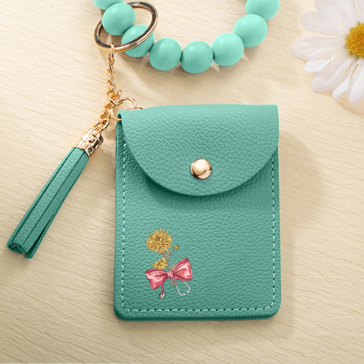 Personalized Birth Flower Bow-knot Stethoscope Tassel Keychain Wristlet Leather Wallet  Gift